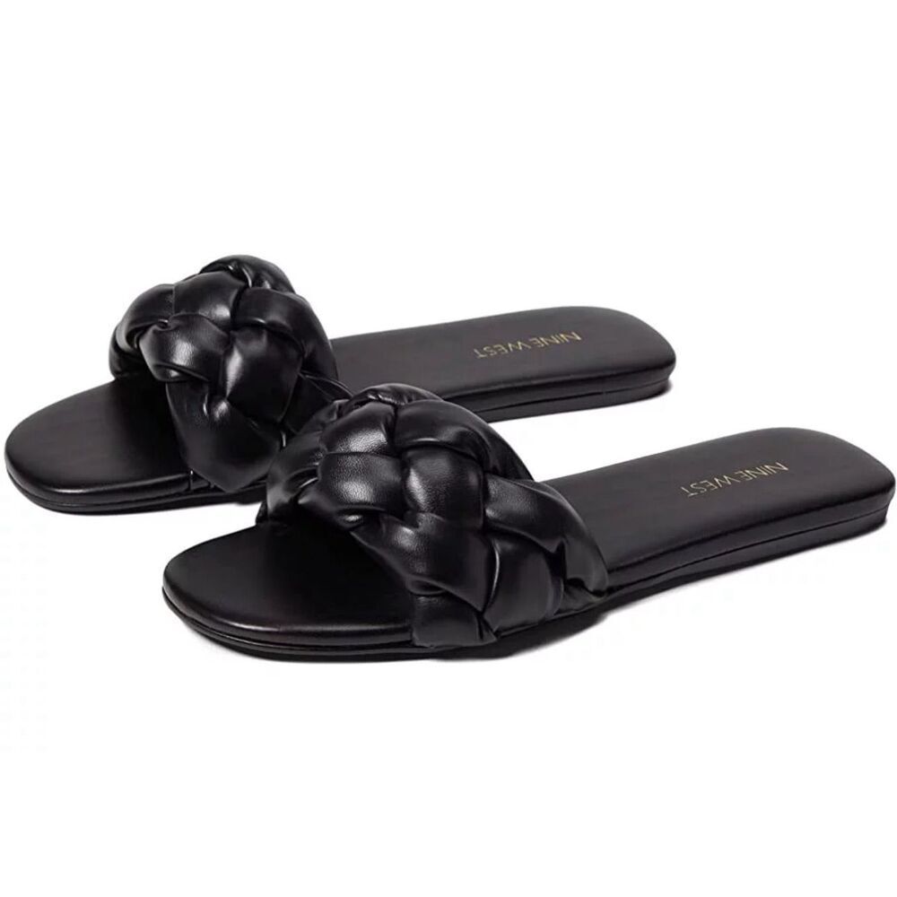 Nine West Sandals Size 6‎ Black Braided Strap Slip On Slides